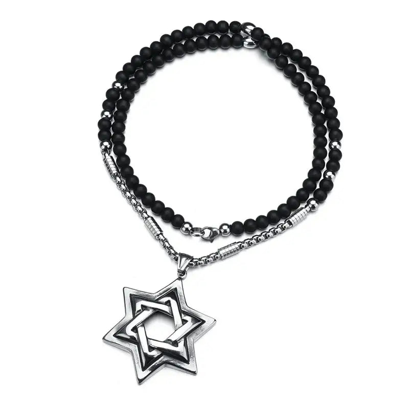 AsJerlya New Cross Pendant Necklace For Men Women 316L Stainless Steel Rosary Beads Religious Jewelry - Star of David