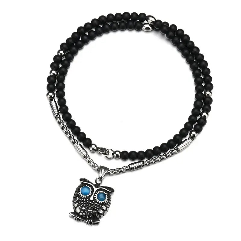 AsJerlya New Cross Pendant Necklace For Men Women 316L Stainless Steel Rosary Beads Religious Jewelry - Owl