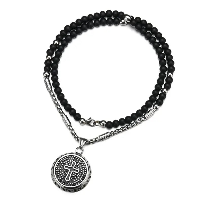 AsJerlya New Cross Pendant Necklace For Men Women 316L Stainless Steel Rosary Beads Religious Jewelry - 10