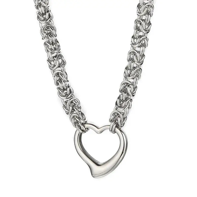 Bold Heart Closed Link Necklace - Stainless Steel - Jewelry