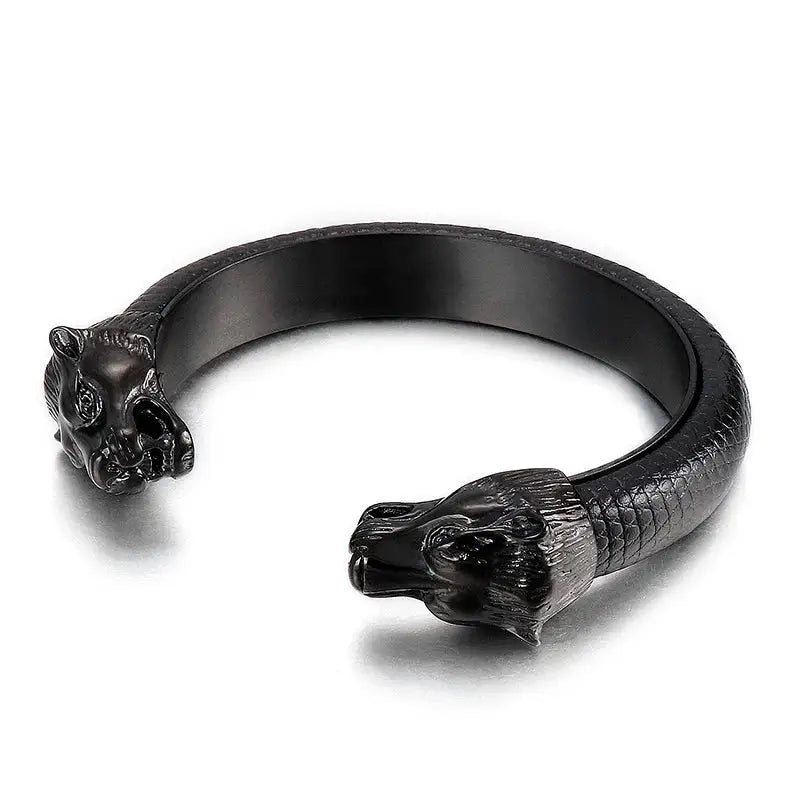 Men's Stainless Steel Wolf Head Leather Cuff Bracelet