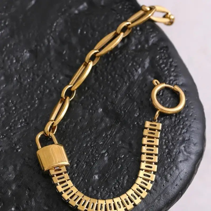 Yhpup Waterproof Metal Lock Chain Bling Cubic Zirconia Stainless Steel Bracelet Bangle Stylish Luxury Trendy Fashion Jewelry