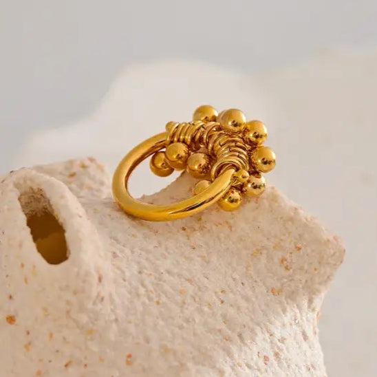 Yhpup High Quality Stainless Steel Metal Layered Round Beads Ring 18K Gold PVD Plated Texture Personalized Jewelry