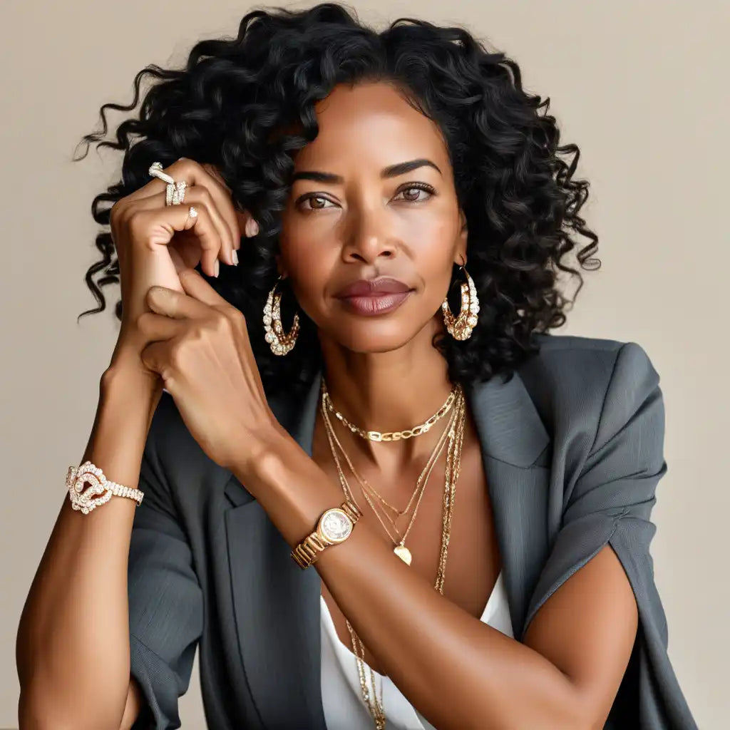 Elegant woman adorned with gold jewelry.