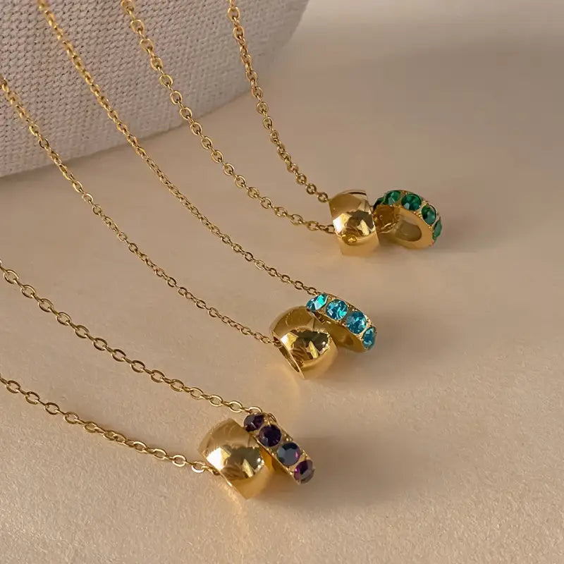 eManco Stainless Steel Ring Pendant Necklace Rhombus Rhinestones Non Tarnish Gold Color Jewelry for Women