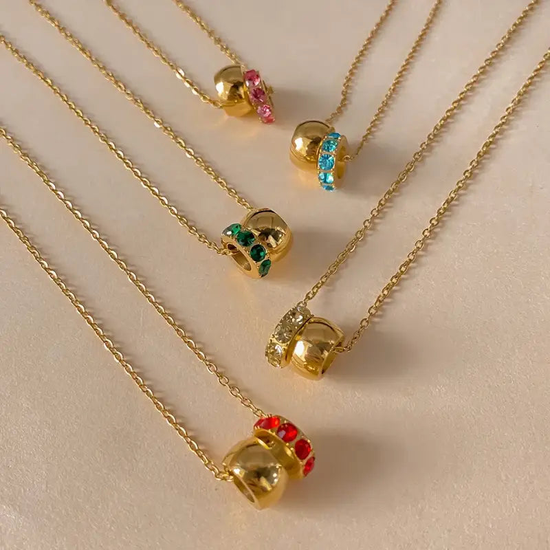 eManco Stainless Steel Ring Pendant Necklace Rhombus Rhinestones Non Tarnish Gold Color Jewelry for Women