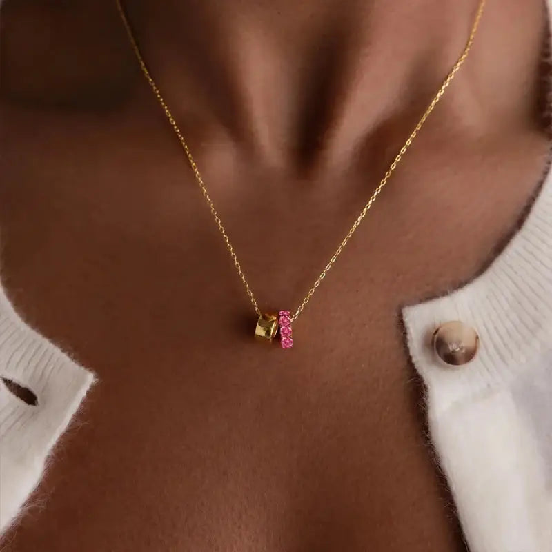 eManco Stainless Steel Ring Pendant Necklace Rhombus Rhinestones Non Tarnish Gold Color Jewelry for Women