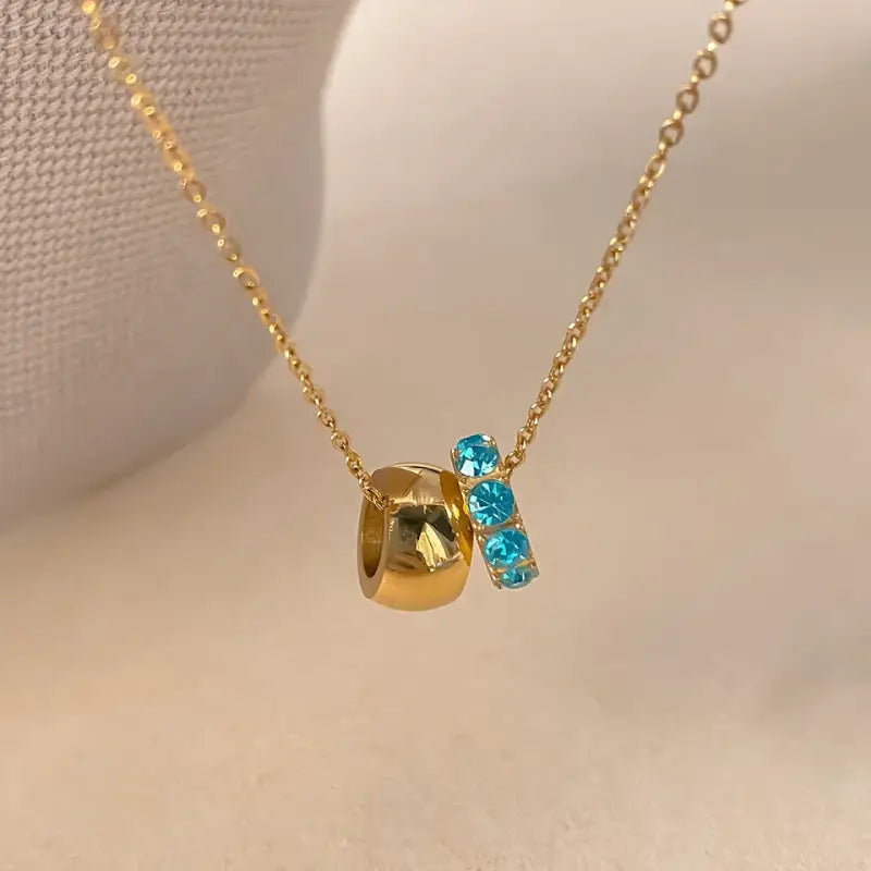 eManco Stainless Steel Ring Pendant Necklace Rhombus Rhinestones Non Tarnish Gold Color Jewelry for Women