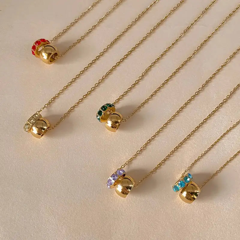 eManco Stainless Steel Ring Pendant Necklace Rhombus Rhinestones Non Tarnish Gold Color Jewelry for Women