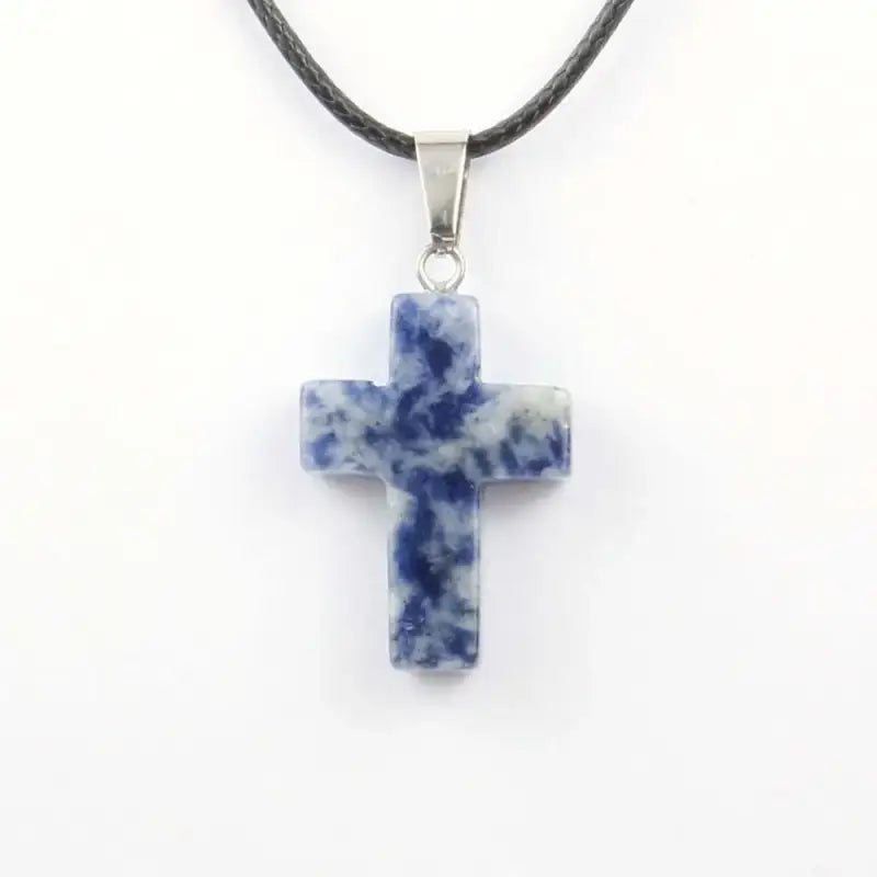 Natural Stone Pendant Necklace Simple Cross Shape Crystal Agat Tiger Eyes Good Quality Jewelry - White dot blue