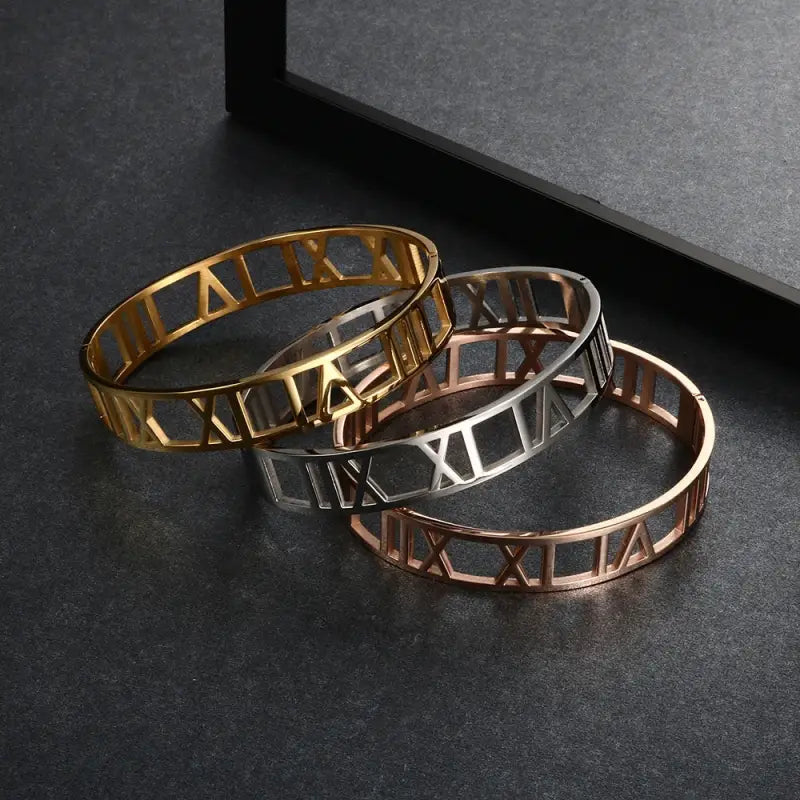Cuff Bangles Bracelets For Woman 12MM Roman Numerals Stainless Steel Gold Color Bangle Female Male Jewelry Wristband