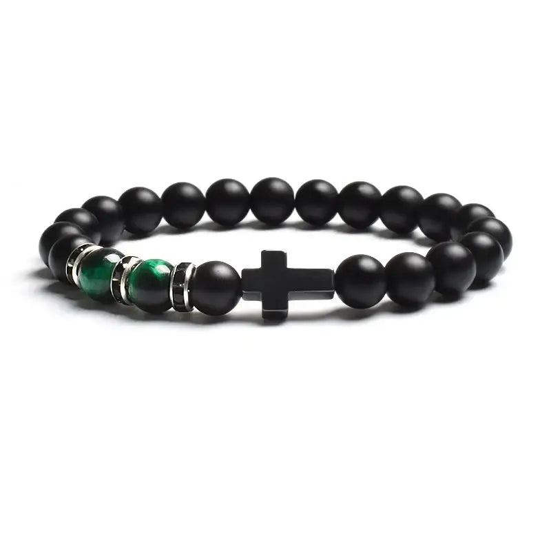 Fashion Religion Cross Men Women 8mm Natural Stone Tiger Eye & Black Matte Agates Bead Bracelet Elastic Bangle Jewelry