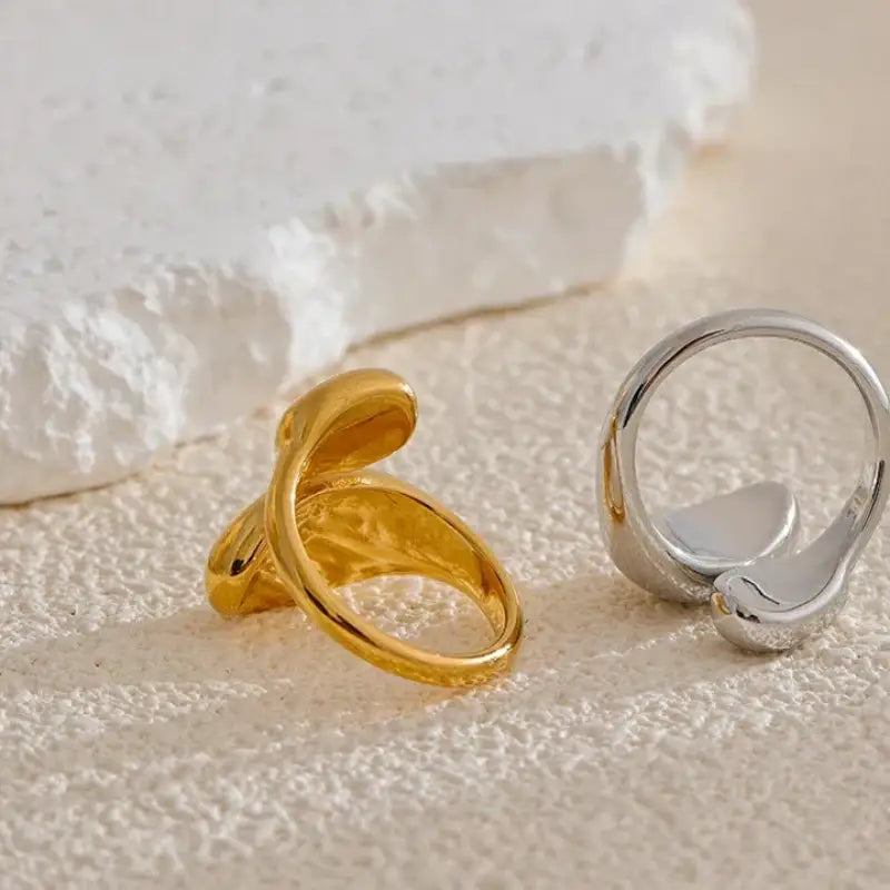 Yhpup 18K PVD Plated Stainless Steel Texture Geometric Finger Ring for Women Individualistic Sleek Metal Adjustable Jewelry Gift