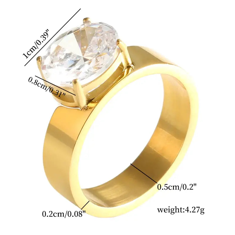JINHUI Gold Color Wedding Bands Ring Big Cubic Zircon Couple Trendy Stainless Steel Rings for Men Women Engagement
