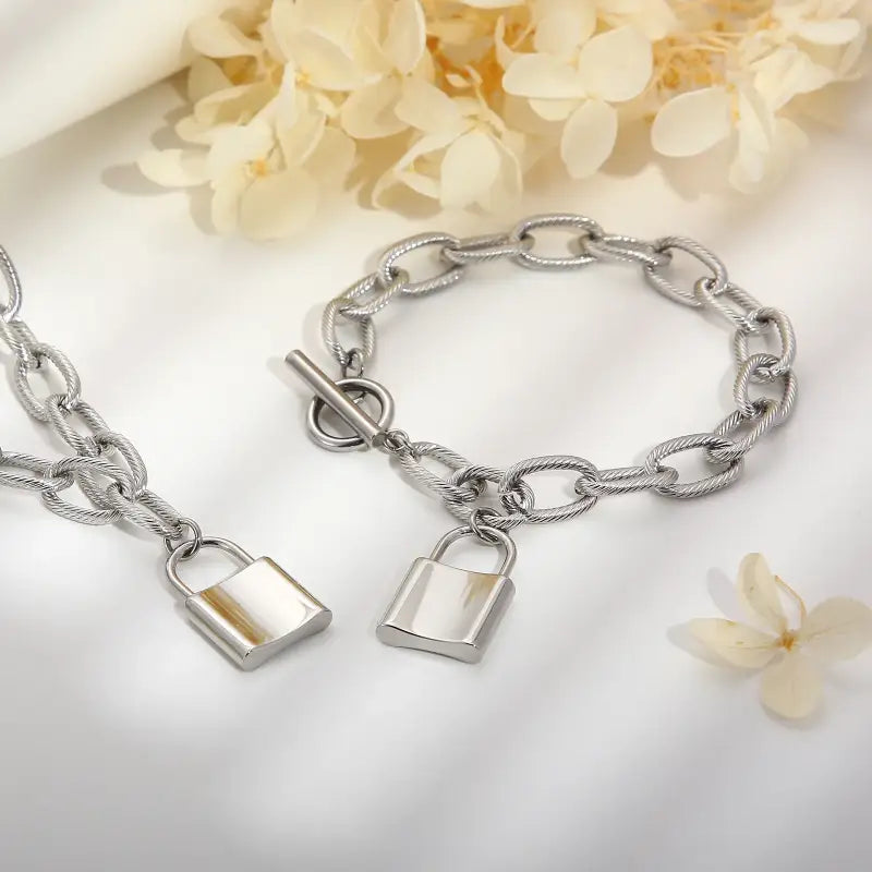 KALEN Punk Rock Thick Chain Necklace Bracelet Set for Women Retro Street Geometric Lock Charm Jewelry