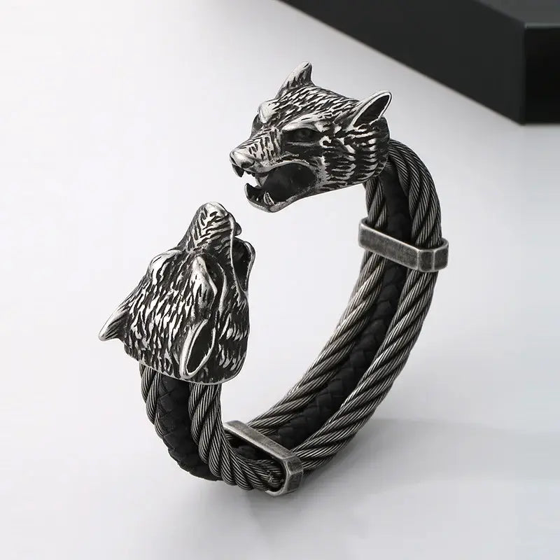 Kalen Wolf Head Twisted Open Bangle For Men Viking Stainless Steel Jewelry Vintage Leather Bracelets Heavy Accessory