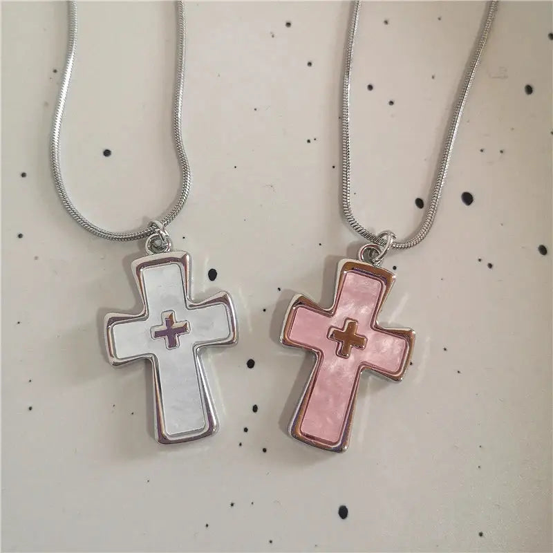 Kpop Punk Cute Pink Cross Pendant Stainless Steel Snake Chain Necklace For Men Women Couples Y2K 2000s Charm Grunge