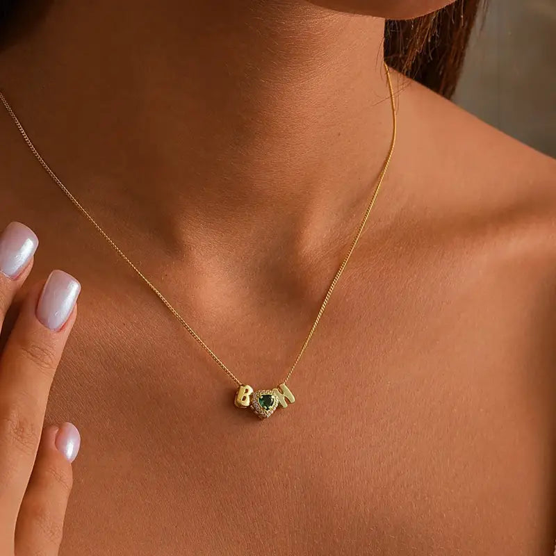 Custom Bubble Letters Necklace For Women Birthstone Initials Necklace Personalize Birthstone Pendant 18K Gold Plate