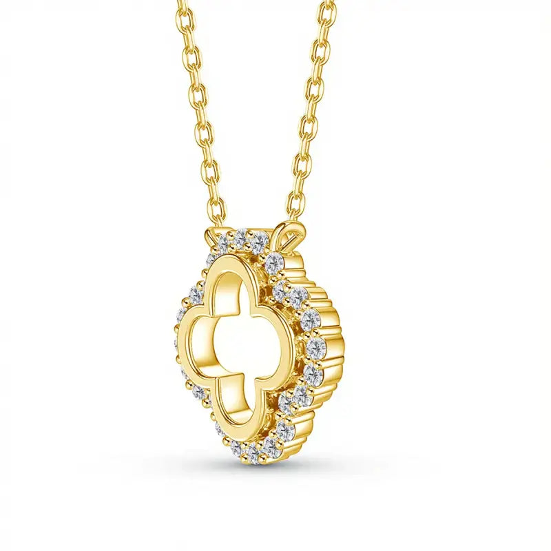 Luxury Yellow Gold Four Leaf Clover Necklace With Stones Moissanite Pendant DVVS1 High Quality Jewelry Gift For Girl