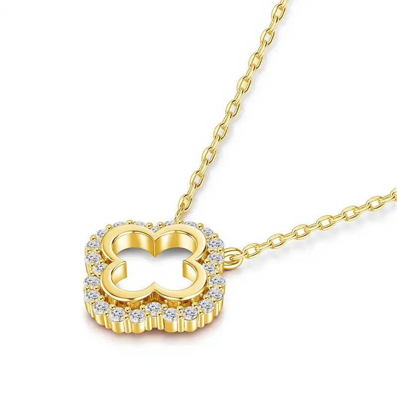 Luxury Yellow Gold Four Leaf Clover Necklace With Stones Moissanite Pendant DVVS1 High Quality Jewelry Gift For Girl