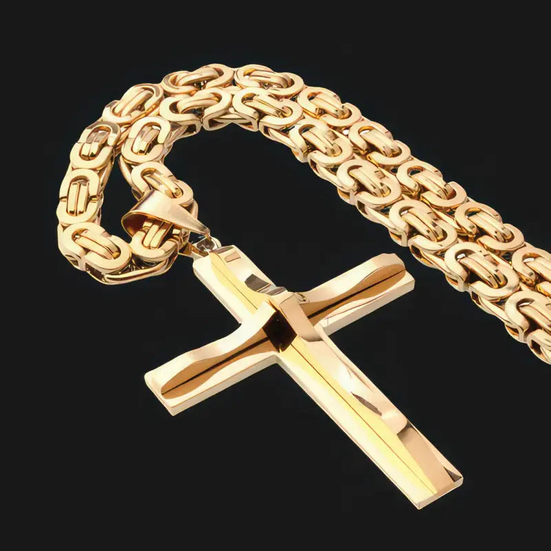 Mens Stainless Steel Vintage Cross Necklace - Gold Finish - Jewelry