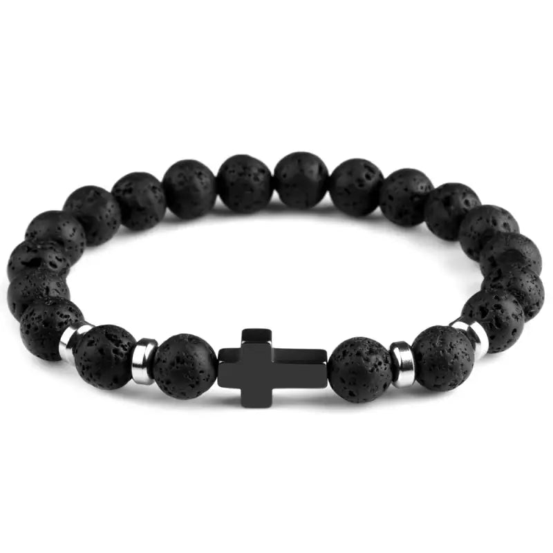 Natural Stone Cross Bracelets Hematite Stainless Steel Elastic Rope Map Lava Bead Bracelet For Men Women Charm Jewelry