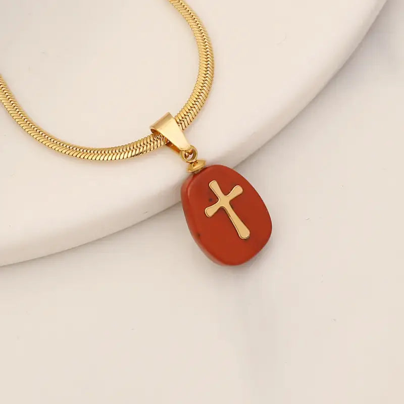 Natural Stone Cross Pendant Necklace - Red - Jewelry