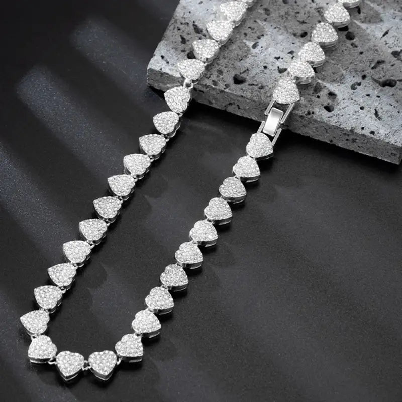 New Hip Hop Tennis Chain Bracelet Necklace for Women Full Iced Out Shiny Heart Rhinestone CZ Fashion Rock Party Jewelry