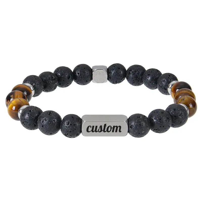 Personalized Name Stainless Steel 1-4 Sides Engraved Bracelets for Men Custom Tiger Eye Stone Beaded Bracelet Jewelry