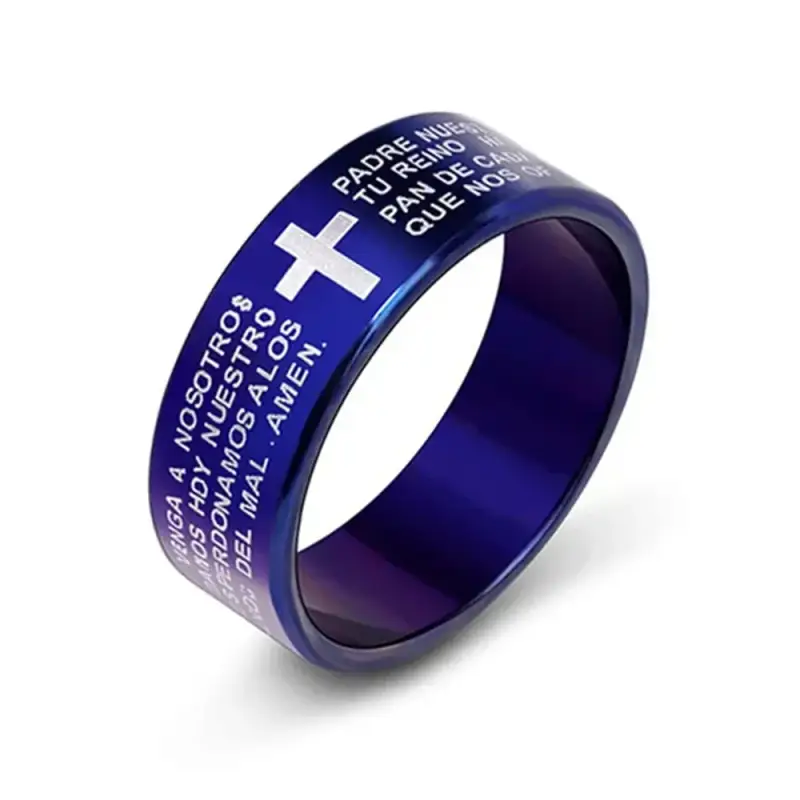 English Titanium Steel Christian Cross Bible Ring for Men and Women Personalized Customize Engraved - PT3018 Blue