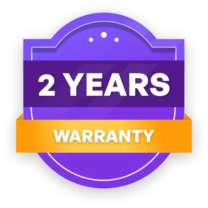 Purple and orange badge indicating a two-year warranty.
