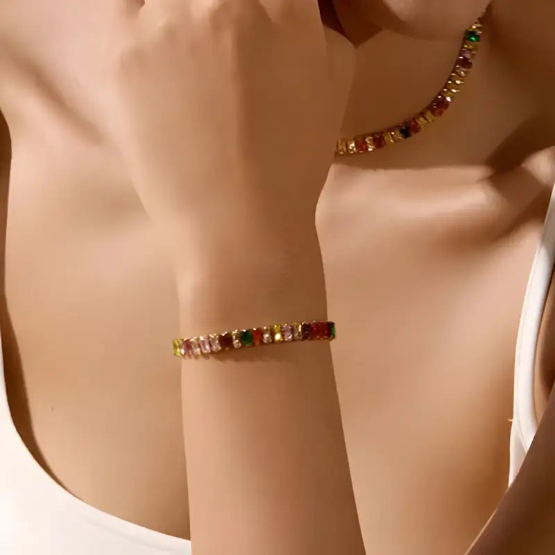 Yhpup Colorful Bling Cubic Zirconia Chain Stainless Steel Luxury Pull-Out Bracelet Bangle High-Grade Premium Jewelry Party Gift