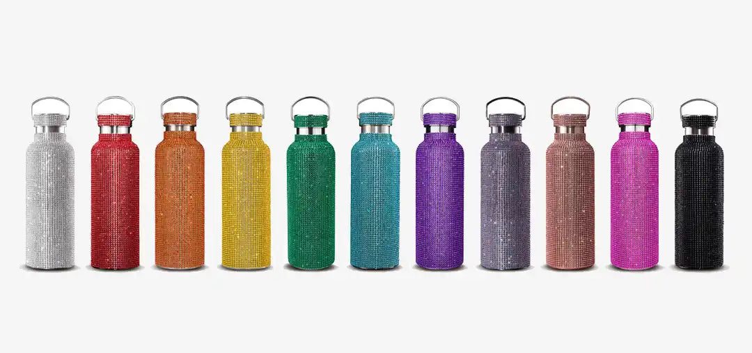 Row of colorful stainless steel water bottles arranged in different metallic and vibrant hues.