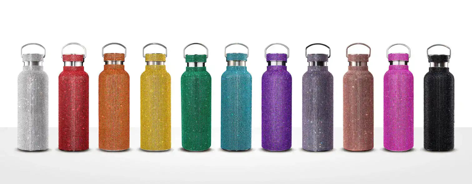 Row of colorful stainless steel water bottles arranged side by side.