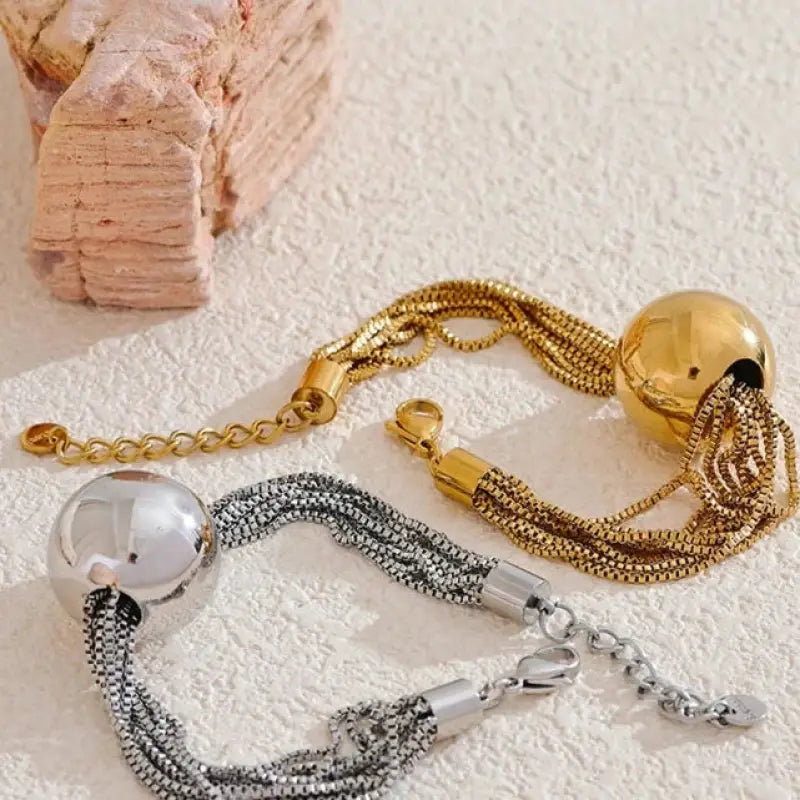 Yhpup Stainless Steel Multi Layered Chain Big round Bead Bracelet Bangle Waterproof Statement Exaggerated Jewelry 18K PVD Plated