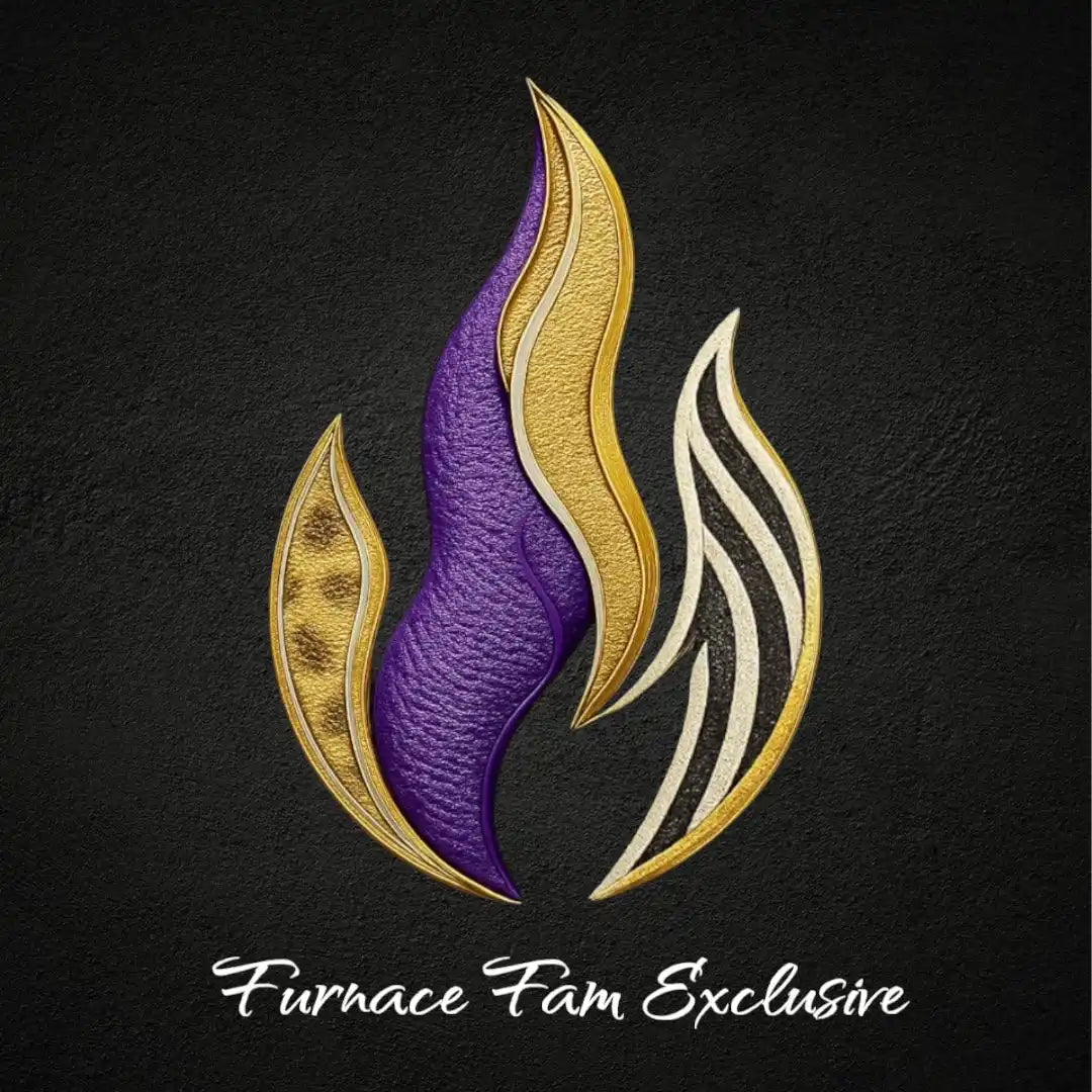 Stylized flame logo with gold, purple, and black and white striped elements.