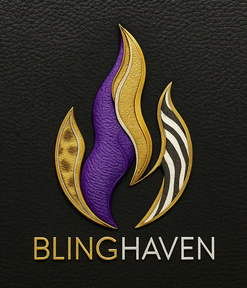 A stylized logo featuring three flame-like shapes in gold, purple, and zebra print, with the word ’BLINGHAVEN’ below.