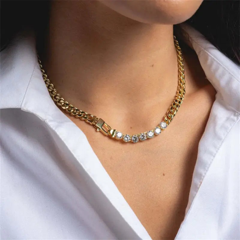 Titanium steel hip-hop personality trend with diamond short necklace multi zirconium bracelet gold-plated