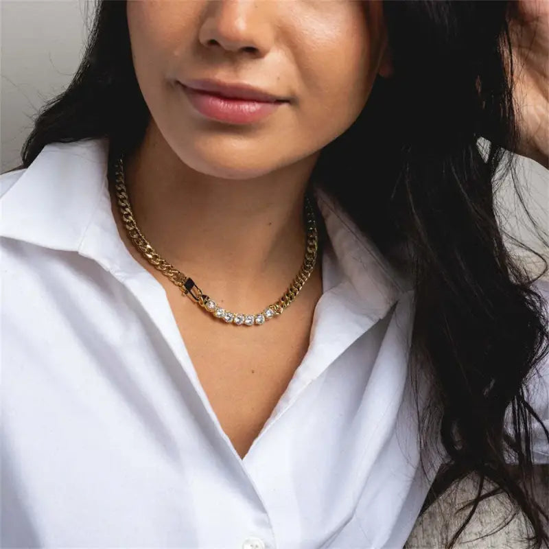 Titanium steel hip-hop personality trend with diamond short necklace multi zirconium bracelet gold-plated