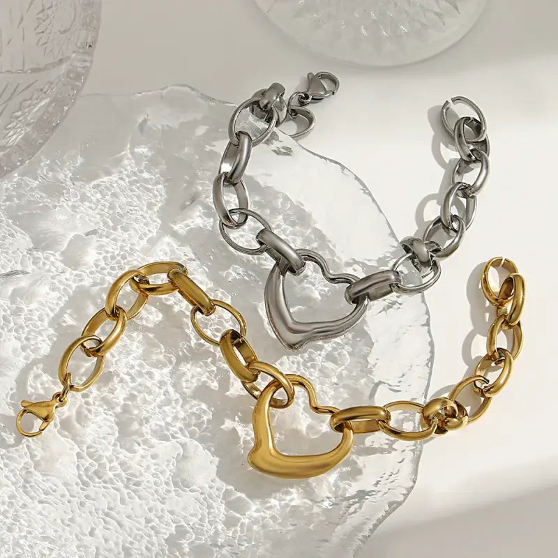 Trend Stainless Steel Chunky Golden Thick Chain Bracelets Fashion Design Asymmetric Heart Love Pendant Wrist Jewelry