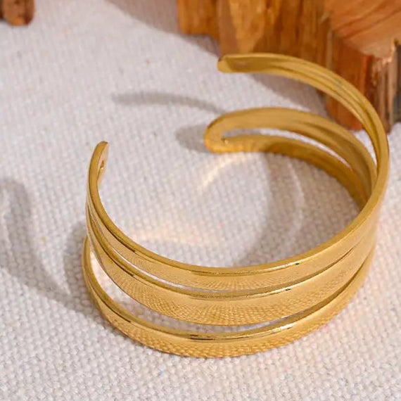 Yhpup Stainless Steel Statement Gold Color Cuff Bracelet Bangle Metal Texture Multi-Layer Temperament Fashion