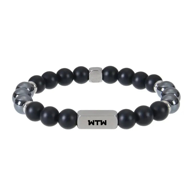 ’WTW’ Laser-Engraved Beaded Bracelet - Hematite / 4 Sides - Jewelry
