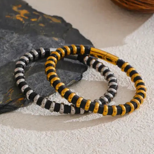 Yhpup 65mm Distinctive Stainless Steel Leather Metal Beads Bracelet Bangle Unisex Jewelry Water Resistant Fashion