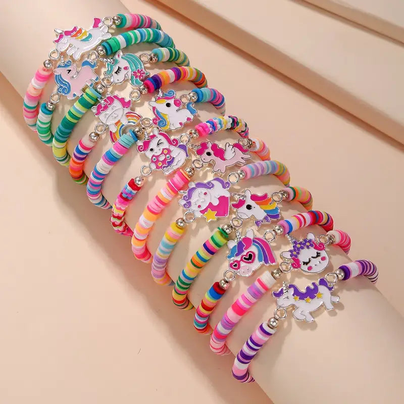 12Pcs/set Unicorn Cat Flower Charm Elastic Handmade Beaded Bracelets for Women Girls Birthday Party Jewelry Friendship