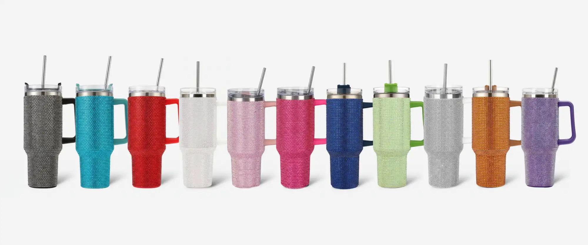 30 oz stainless steel tumbler with handle and straw, available in various vibrant colors.
