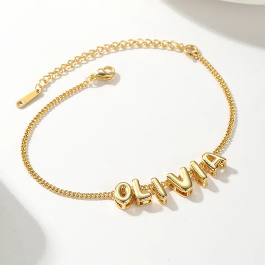 3D Bubble Initial Name Bracelet | 18K Gold | Stainless Steel - Silver / 1 Letter - Jewelry