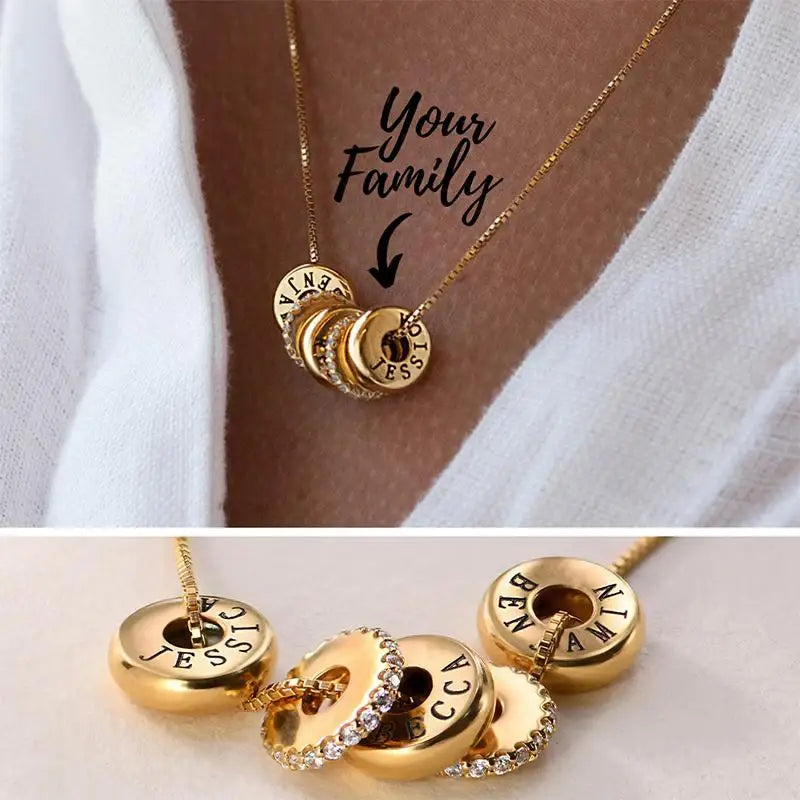 Custom Family Name Bead Necklace with CZ | 18k Gold Plated | Stainless Steel