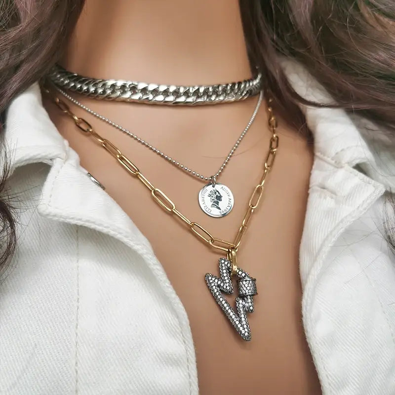 Lightening Bolt Paperclip Layered Chain Necklace