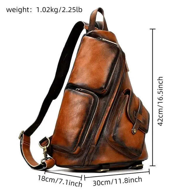 Genuine Cowhide Vintage Leather Chest Bag for Men - Roasted Walnut