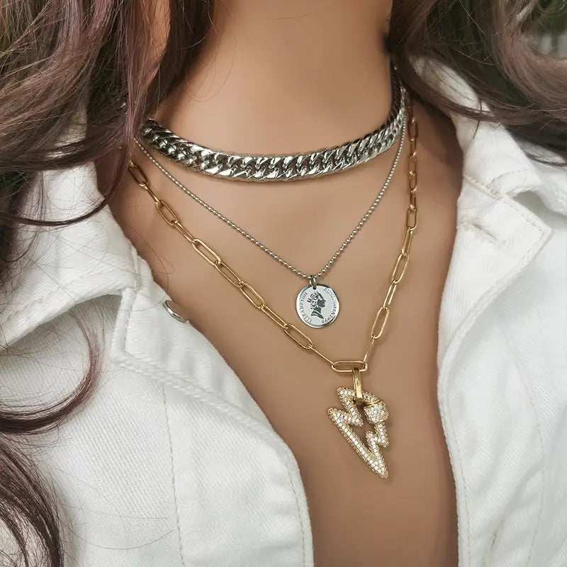 Lightening Bolt Paperclip Layered Chain Necklace